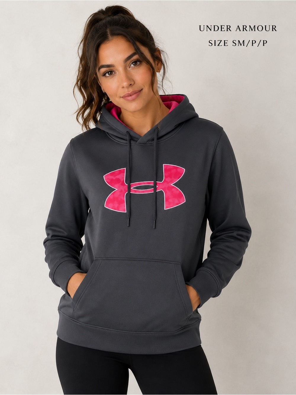 Under Armour Gray Hoodie with Pink Logo/women size SM/P/P athletic workout gym